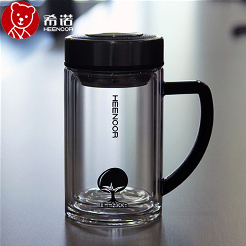 希诺双层玻璃杯带手柄茶杯玻璃杯带把商R务办公水杯可刻字