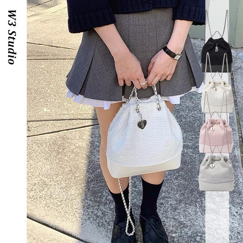 25春夏韩国小众八奶小香风双肩包女粗花呢链条水桶甜美小背包