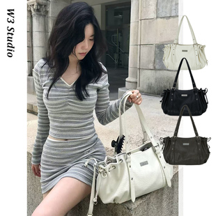 w3studio韩国小众ason复古大容量斜跨抽绳饺子包单肩托特流浪包女