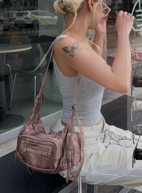 W3韩国小众blackpurple辣妹迷你机车包铆钉多口袋手提单肩斜跨包
