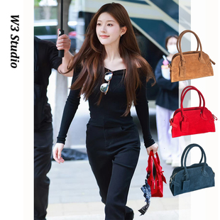 许我耀眼许妍赵露思同款 小众红色磨砂牛皮麂皮绒手提斜跨保龄球包