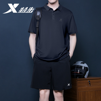 特步Polo衫套装男透气速干男装2025夏季男士薄款两件套中年爸爸装