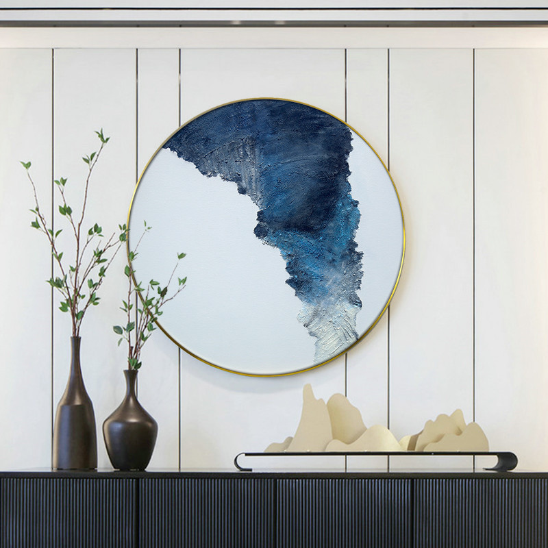 手绘圆形抽象油j画金属框现代艺术装饰画样板房新中式餐厅客厅挂图片