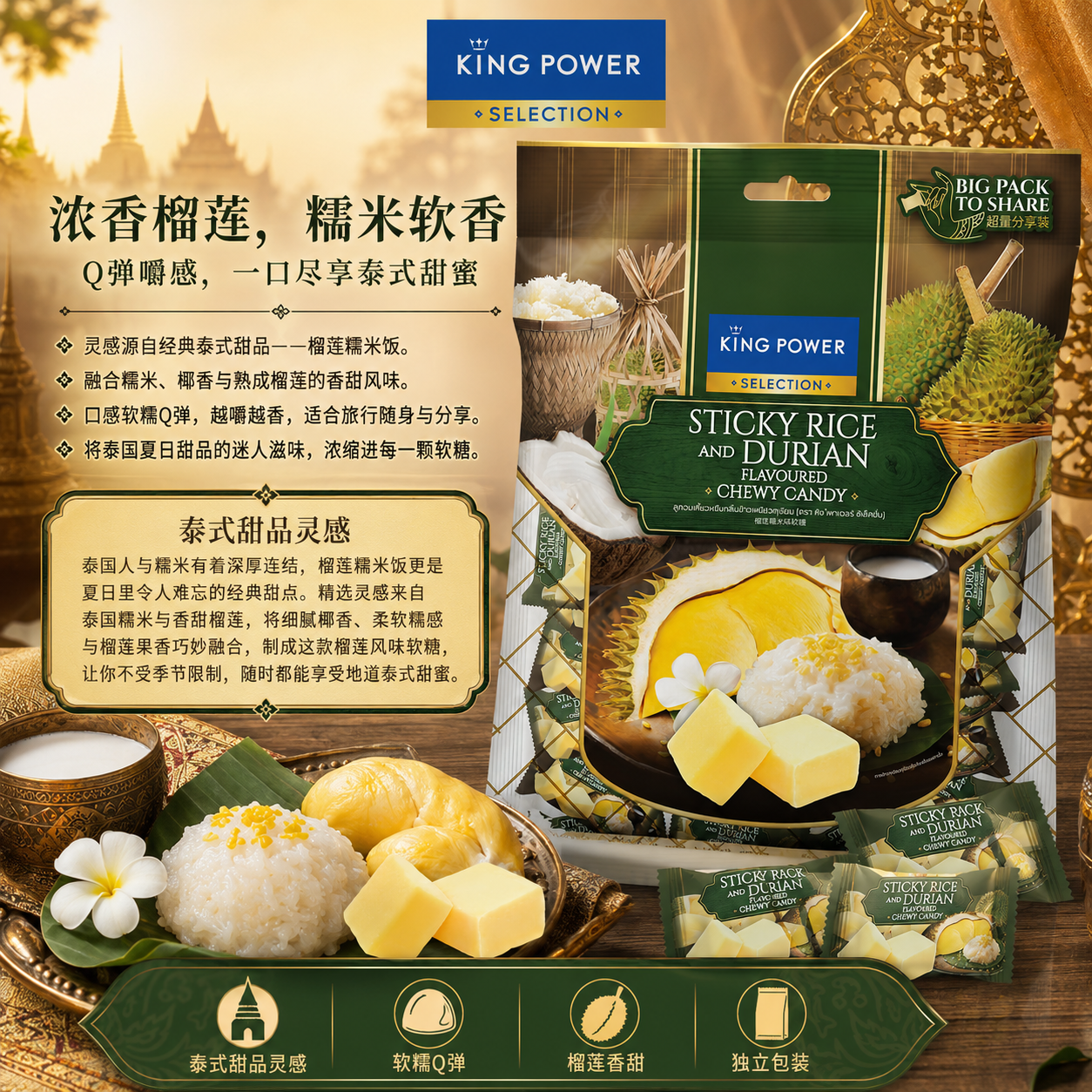 泰国kingpower糖果榴莲软糖泰国特产进口280g*100颗休闲榴莲零食