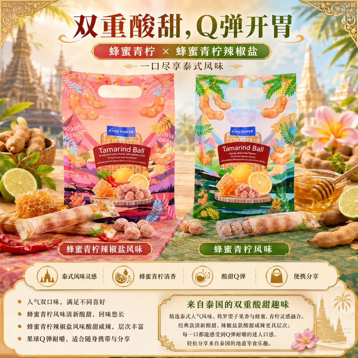 KINGPOWER泰国进口版罗望子软糖200g蜂蜜柠檬味酸甜咸辣层次丰富