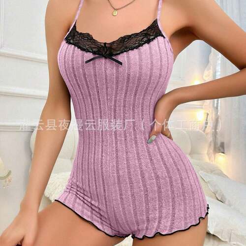 Women Butterfly Shaped Lace Trim Cami Sleep Romper Comfy