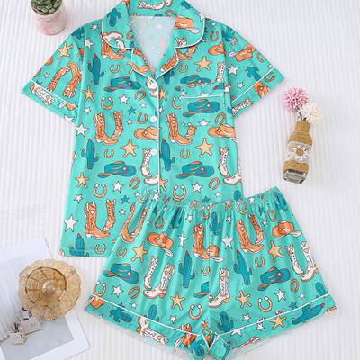 Women Sleepwear Set Sleeve Button Front Elastic Shorts