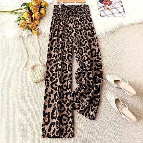 Women's Leopard Print Wide Leg Pants Patched Elastic Waist