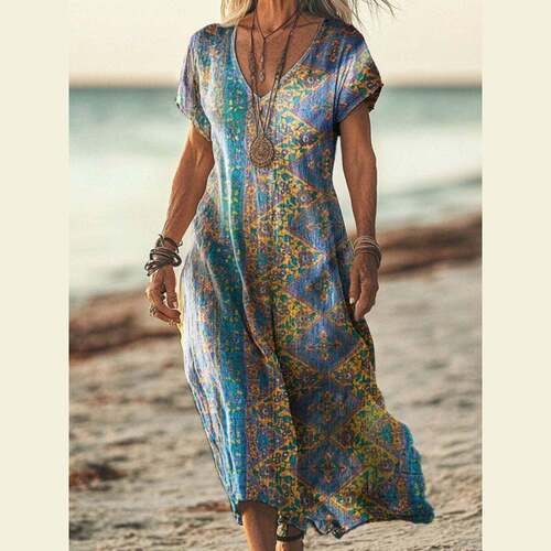Elegant V-Neck Printed Dress with Belt