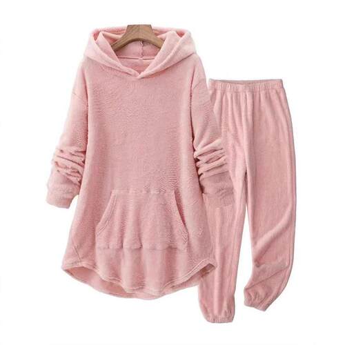 Women's Plain Drop Shoulder Pocket Plush Hoodie, Casual