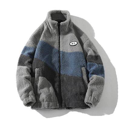 Men thickened fleece jacket Contrast color stand collar lamb
