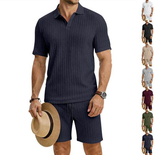 Men 2 Jacquard Knit Lounge Sets Sleeve Polo Shirt Shorts