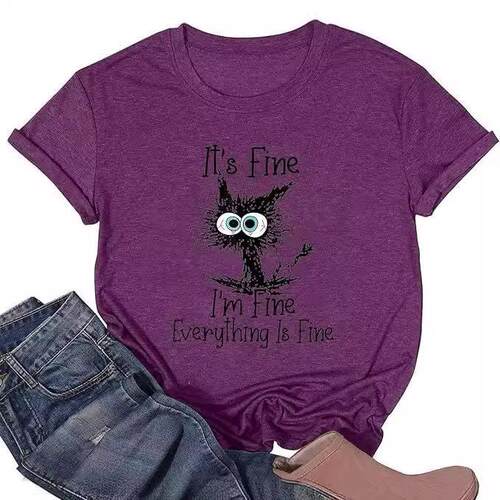 Women Letter Print Round Neck Tee Casual Sleeve Crew Fitted