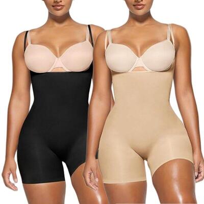 Women Tummy Control Shapewear Bodysuit Open Bust Mid Thigh