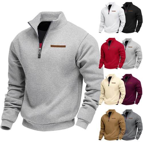 Men Plain Fleece Zip Sweatshirt Casual Sleeve Pullover