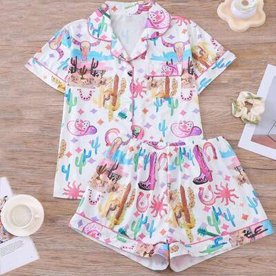 Women Print Pajama Set Pjs Outfit Sleeve Shirt Collar Button