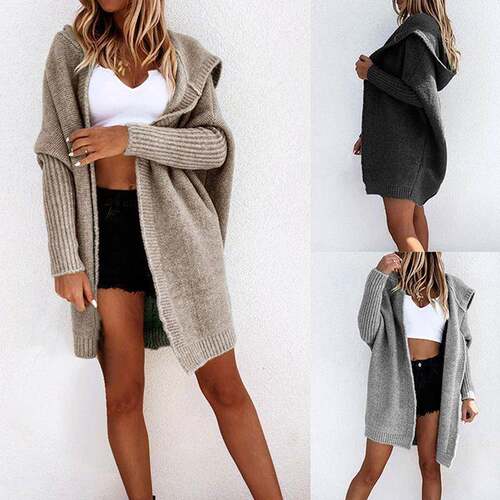 Women Plain Chunky Open Front Hooded Knitted Cardigan Casual