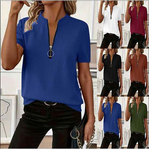 Women Chest Zip Sleeve Knitwear Spring Summer Casual Blouse