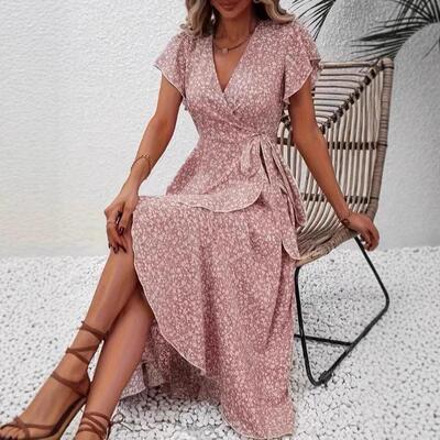 Boho Ditsy Floral V Neck Tie Waist Sleeve Flowy Maxi Dress