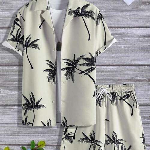 Men Black Tropical Palm Print 2 Loungewear Set Sleeve Camp