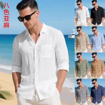 Men Linen Sleeve Pocket Shirt Spring Fall Casual Fitted