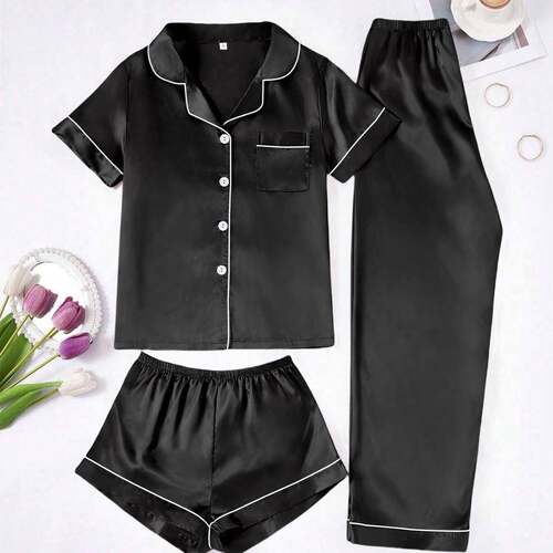 Women Pyjama Three Set Comfy Sleeve Lapel Neck Button Up