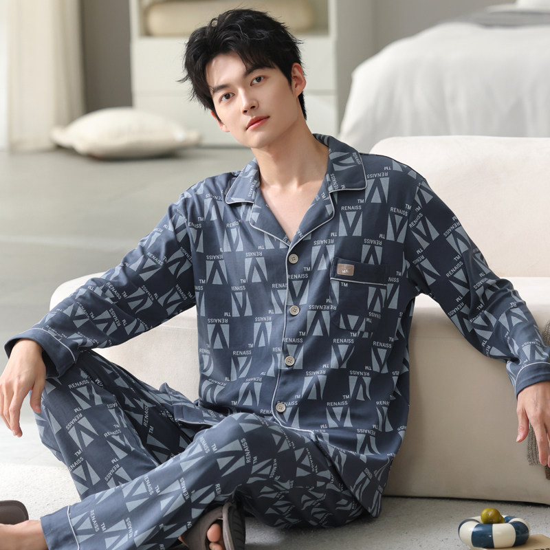 男士翻领睡衣长袖纯棉春秋季大码青少年男款四季通用家居服套装