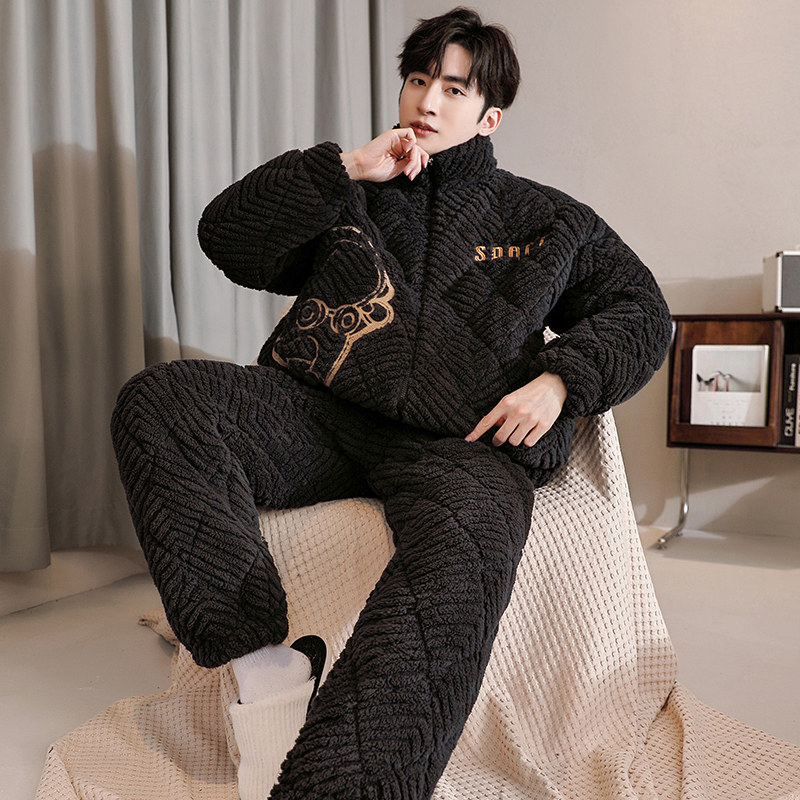 2025新款睡衣男冬季三层加厚夹棉拉链套装简约学生宽松大码家居服