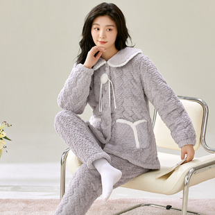 冬季貂毛花绒三层夹棉加厚保暖甜美翻领珊瑚绒夹棉袍套睡衣可外穿