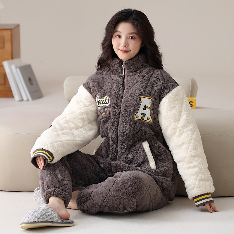 女款夹棉双长两件套睡衣冬季立领拉链加厚保暖可外穿家居服带口袋