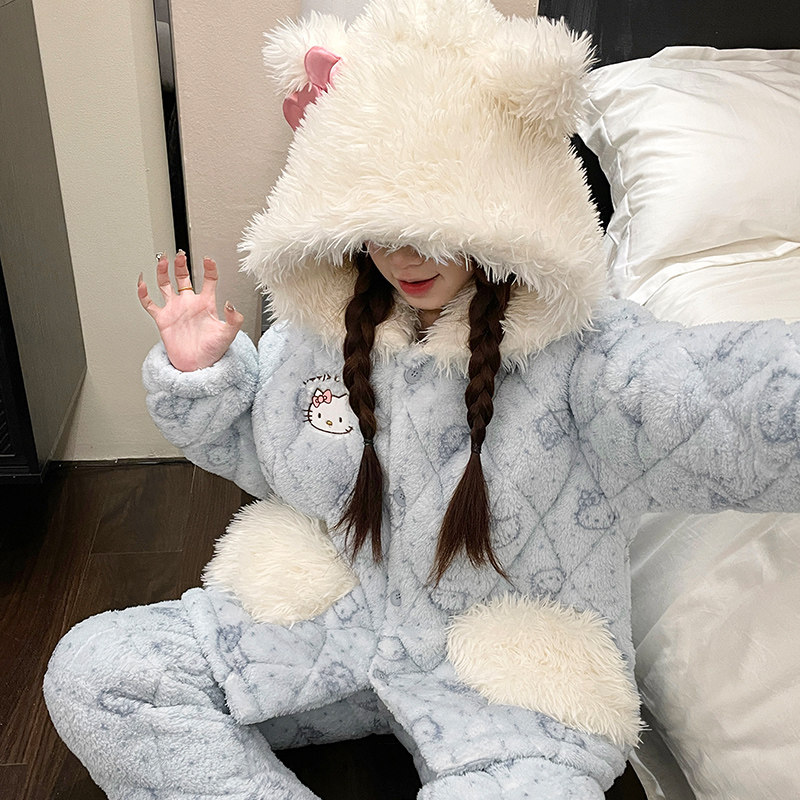 睡衣女冬三层加厚夹棉套装休闲大码珊瑚绒可外穿冬天家居服