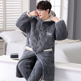 男士三层夹棉袍套冬季字母绣花连帽开衫加厚加大保暖两件套家居服