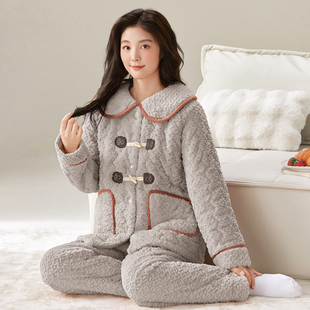 冬季貂毛花绒三层夹棉加厚保暖甜美翻领珊瑚绒夹棉袍套睡衣可外穿