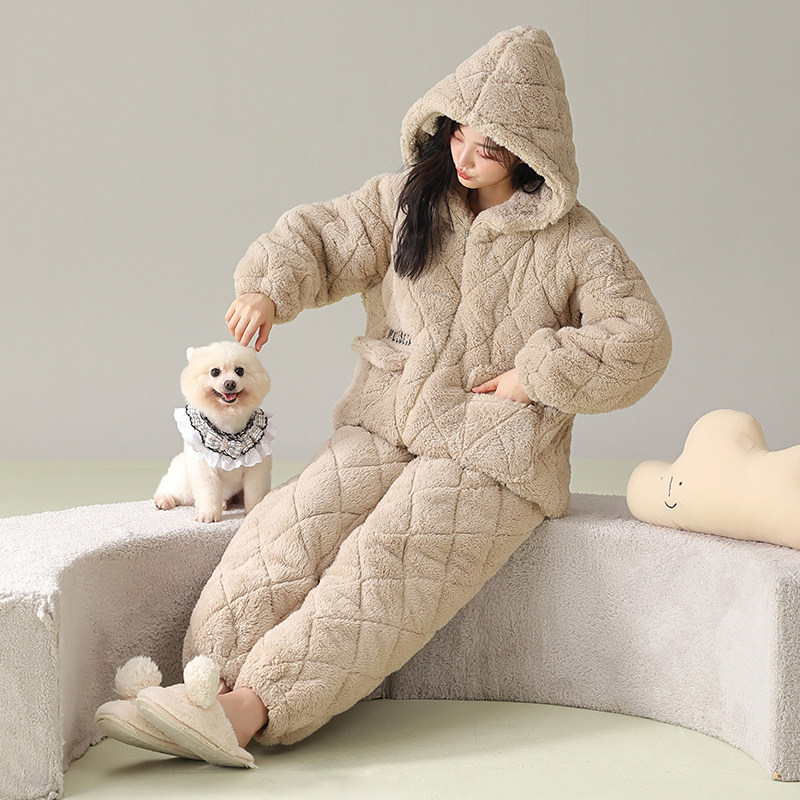 女款夹棉双长两件套睡衣冬季立领拉链加厚保暖可外穿家居服带口袋