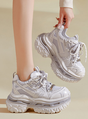 网红爆款厚底内增高9CM老爹鞋女2026春季新款网面拼色百搭休闲鞋