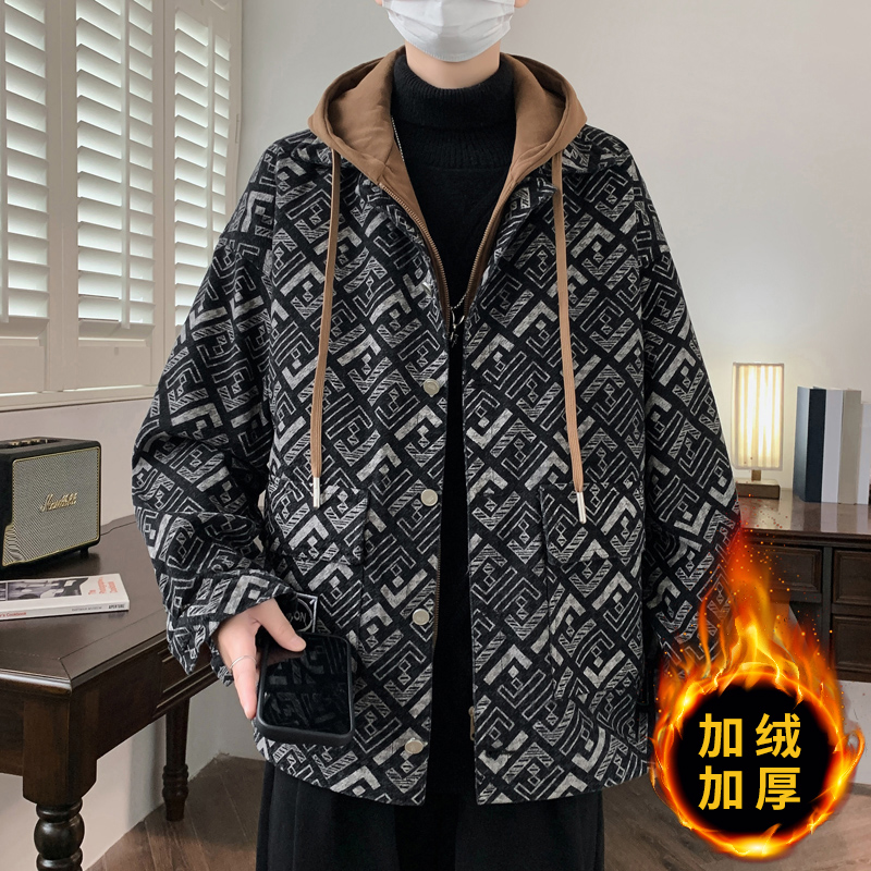 复古兔绒加绒加厚冬连帽牛仔外套