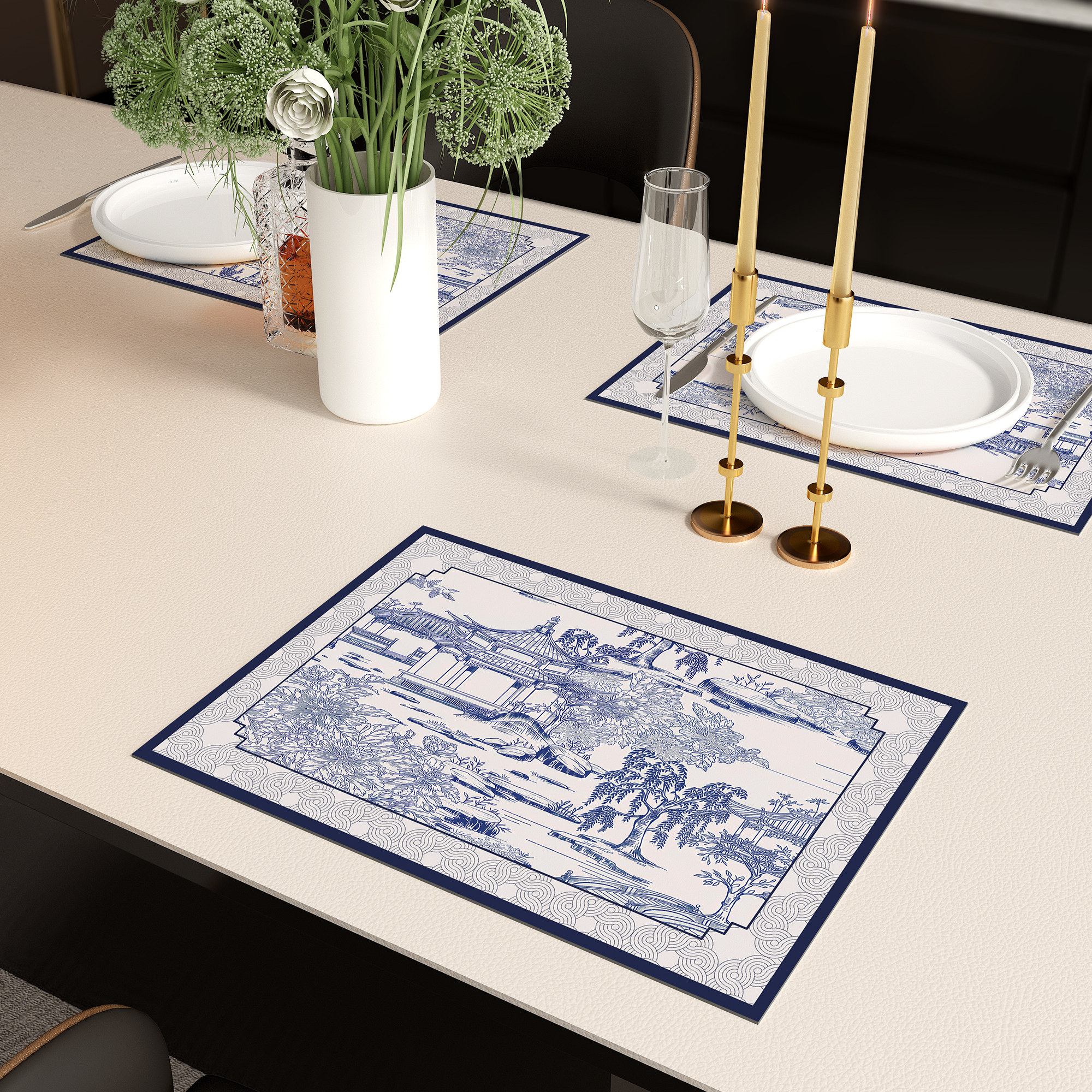 水墨青花皮革餐垫中国风防水防油免洗隔热杯垫碗垫免洗台面保护垫