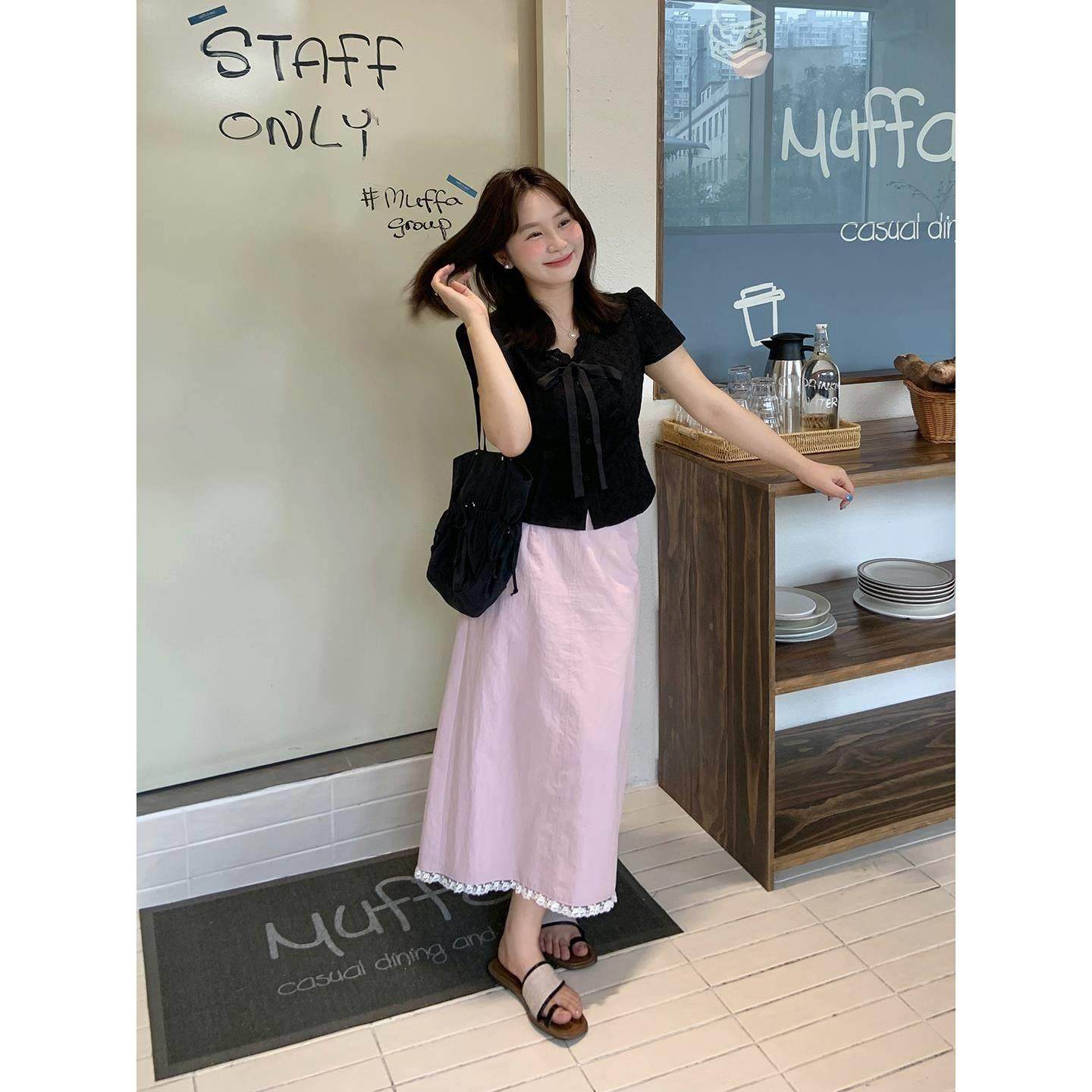 山山屿你【落日海岛】微胖mm韩系蕾丝花边半身裙女大尺码气质百搭