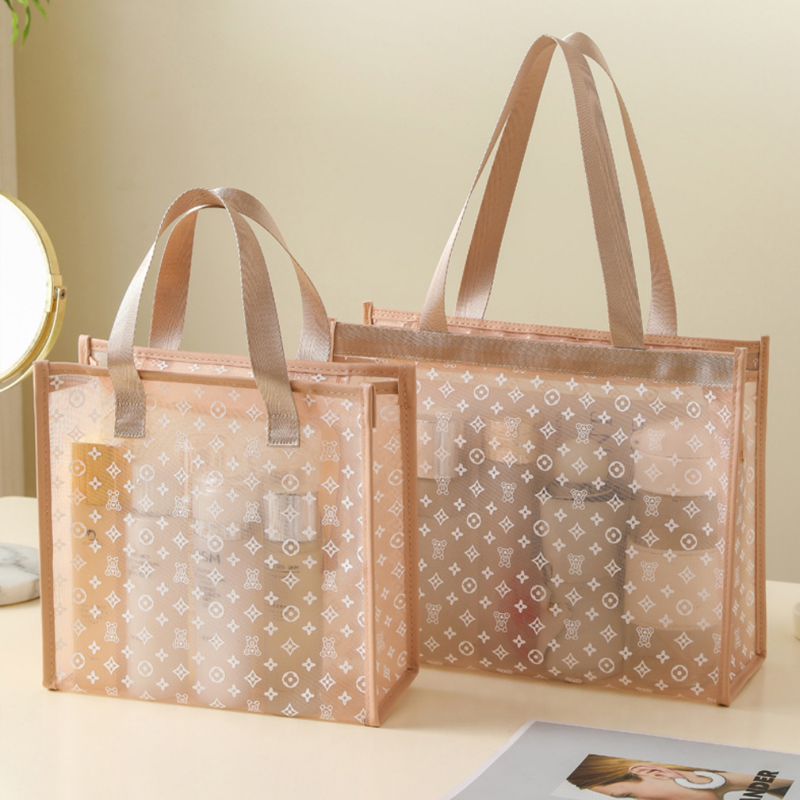 手提印花网纱透明大容量化妆包