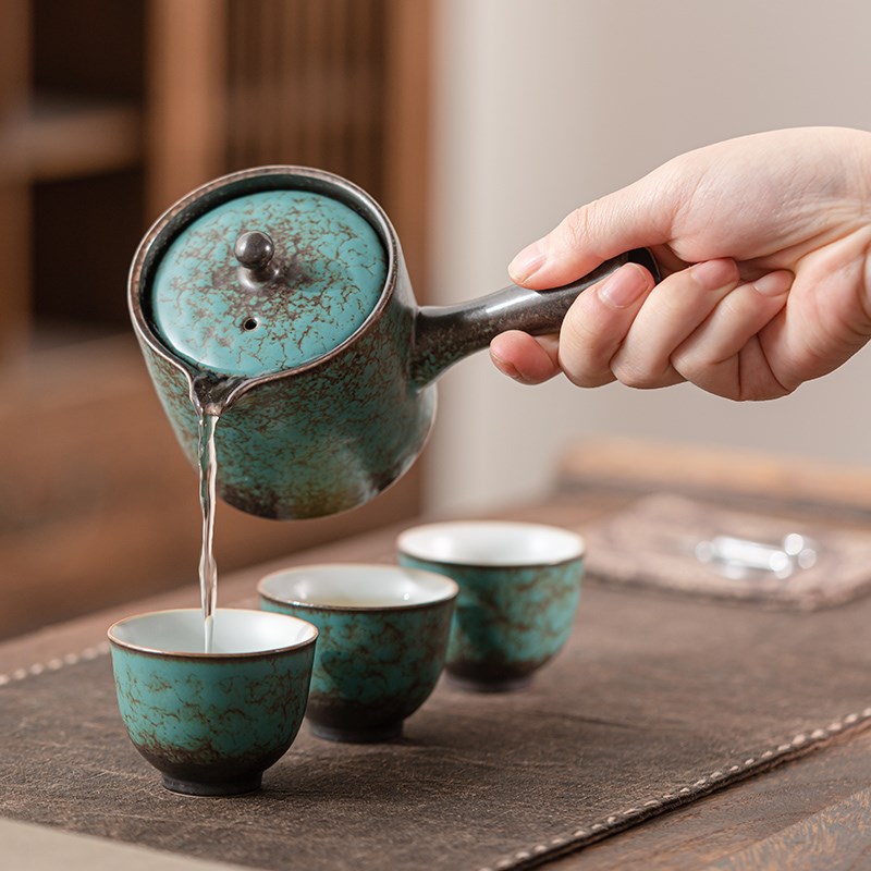 日式创意孔雀绿侧把壶泡茶壶家用单壶I大号单个陶瓷功夫茶具套装