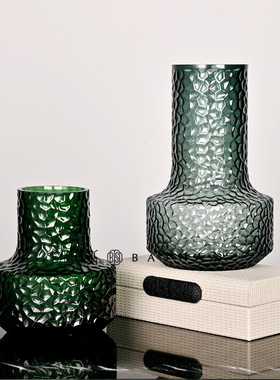 简约古典深e墨绿色锤纹透明玻璃花瓶客厅酒店装饰品水培插花器摆