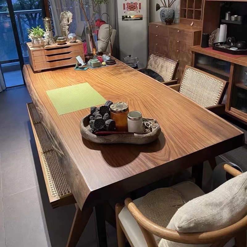 缅甸瓦城柚木大板餐桌书桌茶桌中古风侘J寂家具自然边原木实木整