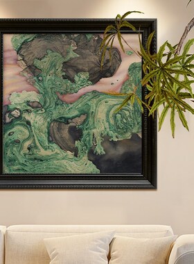 中古风抽象e风景绿色水流客厅餐厅装饰画太湖石挂画玄关纯手绘油