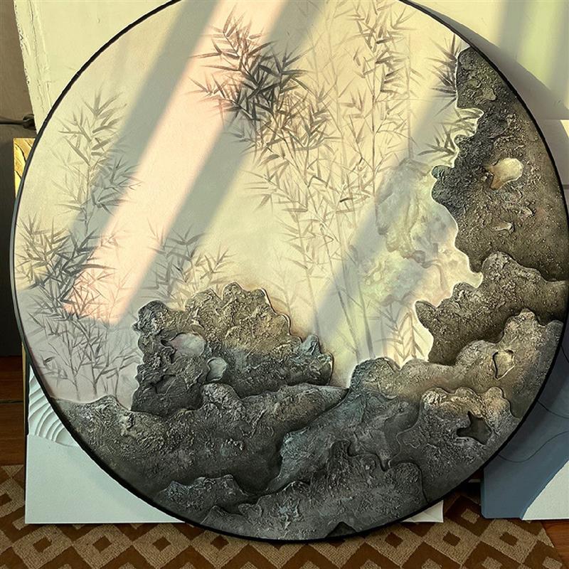 新中式手绘油画圆形入户玄关雕刻实物装饰画茶室走廊过道抽象挂画图片