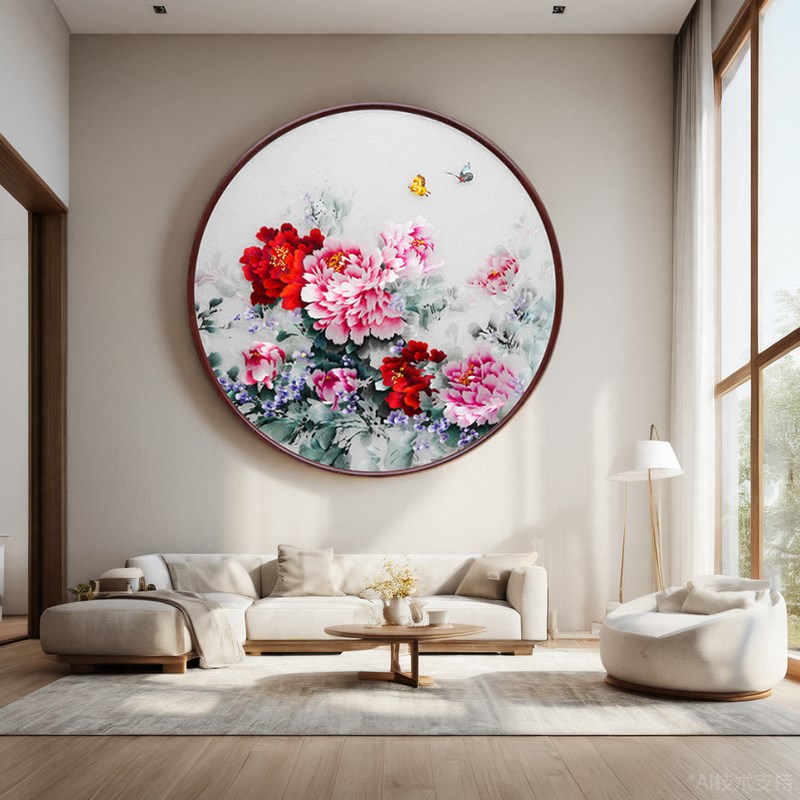 新中式风b格圆形牡丹画国色天香纯手工苏绣刺绣玄关过道客厅装饰图片