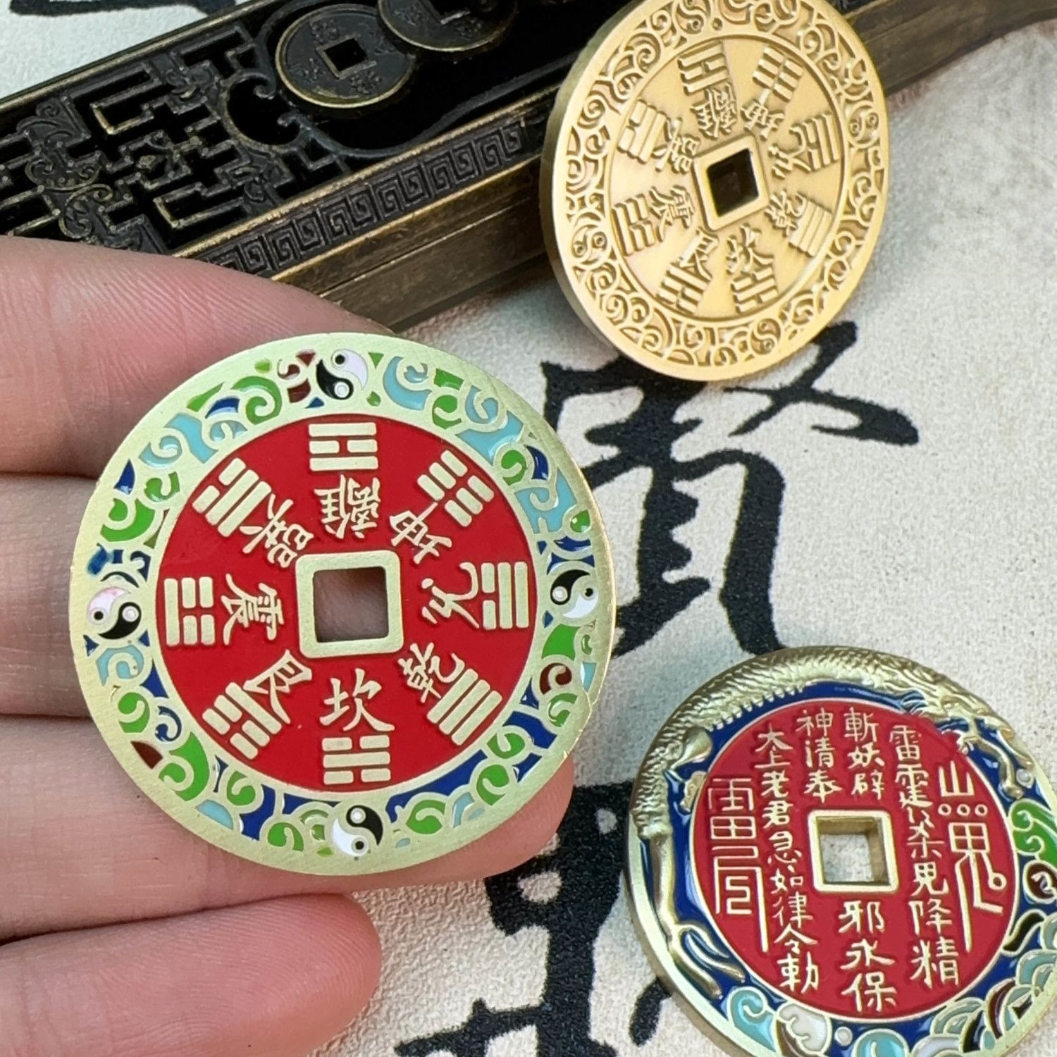 爆款厚银山鬼铜钱花钱古法工艺龙腾四海珐琅彩龙铜币挂件