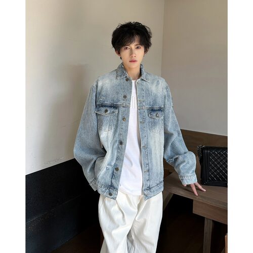 水洗做旧破洞牛仔外套男款潮流街头痞帅宽松百搭情侣休闲翻领夹克