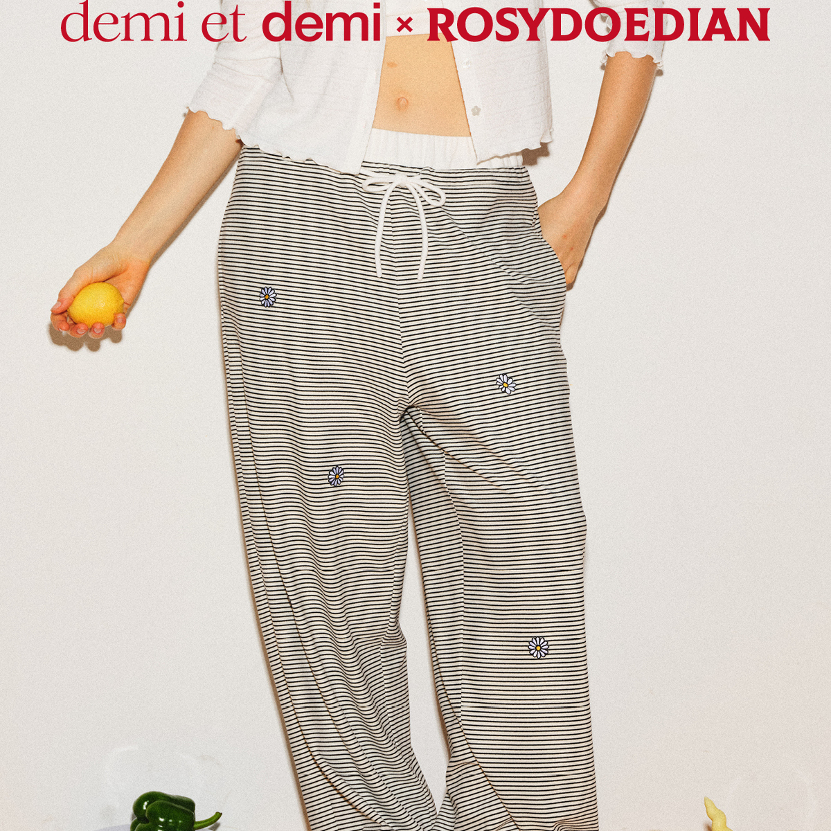 demi et demi×ROSYDOEDIAN赵露思联名小雏菊绣花条纹休闲长裤