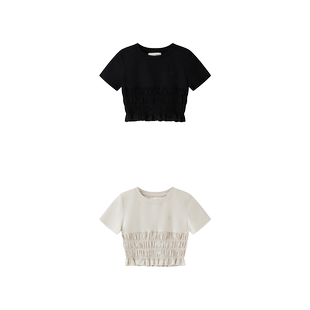 demi et demi【陈芷琰同款】双色刺绣抽褶花边百搭短款t-shirtT恤