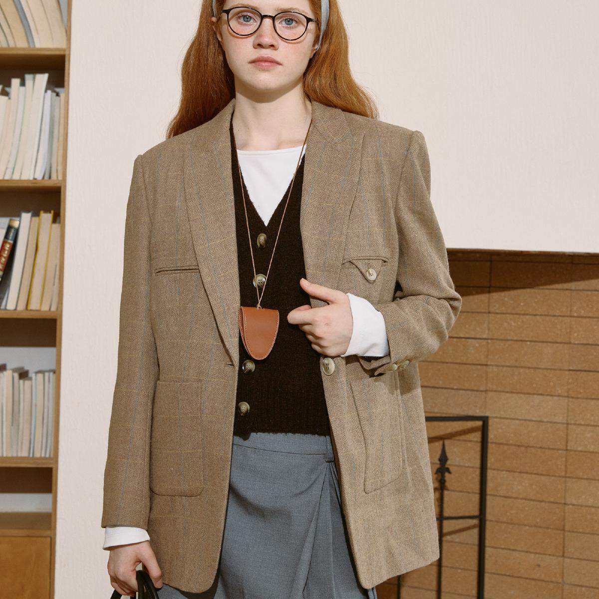 demi et demi【赵露思同款】黄棕枪驳领呢绒宽松休闲西装外套